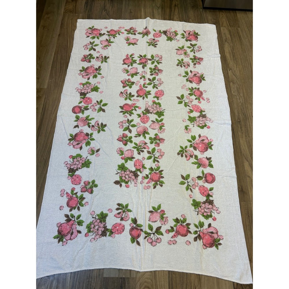 Vintage Fruit Floral Oversized Beach Towel Pink Green White Terry Cloth 46x81